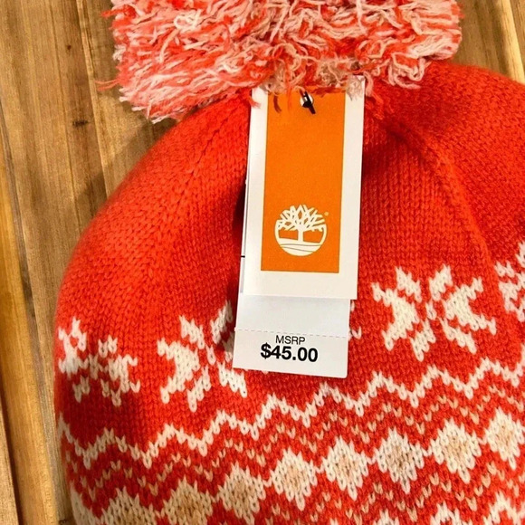 Timberland Women's Fairisle Pom Knit Beanie. One Size. Orange Cream. NWTS! - Picture 4 of 5